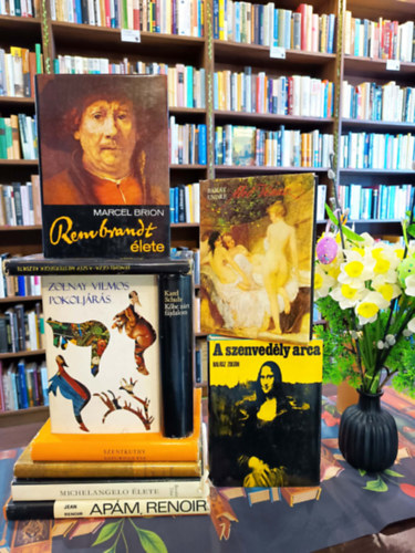 M�v�szeti �letrajok k�nyvcsomag 10 darabos K�NYVMENT� AJ�NLAT: Ap�m, Renoir, Michelangelo �lete, A m�zsa udvar�ban, Saturnus fia, A szenved�ly arca, K�be z�rt f�jdalom,  A m�v�szetek eredete (Pokolj�r�s), Alv� V�nusz, A sz�p mes