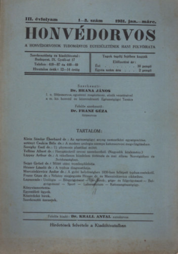 Honv�dorvos  1931. �vfolyam ( 3 db egy�tt ) III. �vfolyam 1-3, 7-9, 10-12. sz�mok