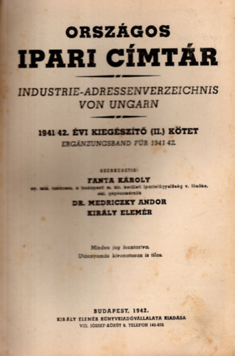 Orszgos ipari cmtr - Industrie-adressen-verzeichnis von ungarn