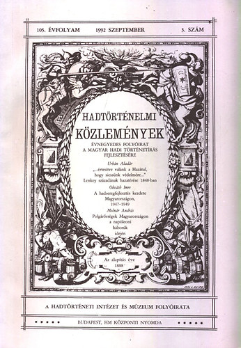 Hadt�rt�neti k�zlem�nyek 105. �vf. 3. sz�m (1992 szeptember)