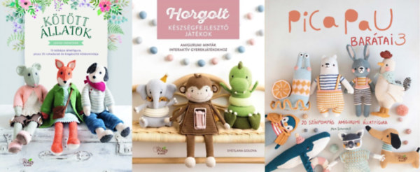 3 db kzimunka knyv: Kttt llatok - 13 bbjos llatfigura, plusz 35 ruhadarab s kiegszt ktsmintja + Horgolt kszsgfejleszt jtkok - Amigurumi mintk interaktv gyerekjtkokhoz + Pica Pau bartai 3. - 20 sznpo