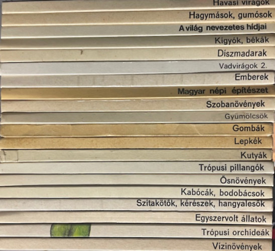 20db b�v�r zsebk�nyv : Havasi vir�gok - Hagym�sok, gum�sok - A vil�g nevezetes h�djai - K�gy�k, b�k�k - D�szmadarak - Vadvir�gok 2. - Emberek - Magyar n�pi �p�t�szet - Szoban�v�nyek - Gy�m�lcs�k - Gomb�k - Lepk�k - Kuty�k -