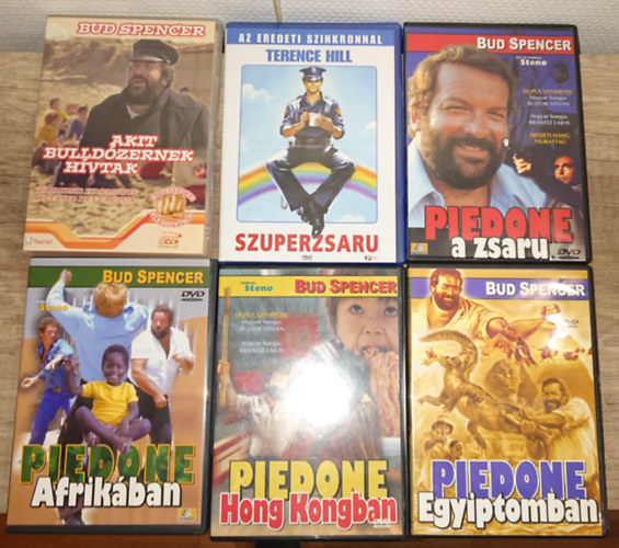 6 film DVD-n Bud Spencerrel: Szuperzsaru, Akit buldzernek hvtak, Piedone a zsaru, Piedone Egyiptomban, Piedone Hong Kongban, Piedone Afrikban