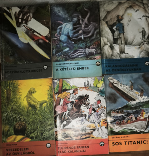 6db m� a Delfin k�nyvek sorozatb�l - Veszedelem az �svil�gb�l, Tulip�nos Fanfan els� kalandjai, SOS Titanic!, A k�t�lt� ember, Az ez�stflotta kincse, Kalandoz�saink az �rd�glyukban