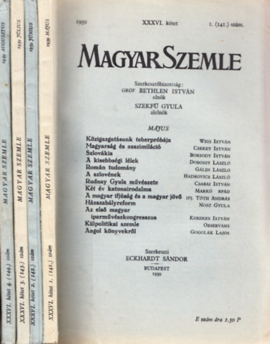 Eckhardt Sndor  (szerk.) - Magyar Szemle 1939/1-4. XXXVI. ktet (lapszmonknt)