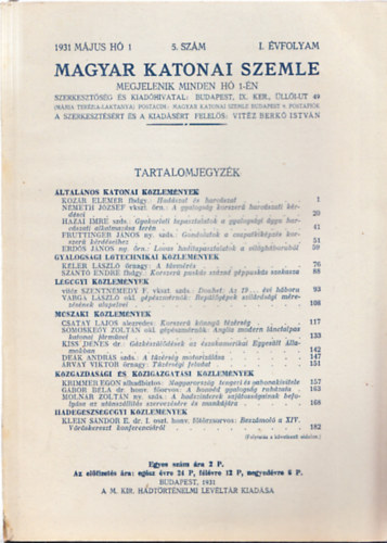 Magyar Katonai Szemle 1931 mjus h, 5. szm, I. vfolyam