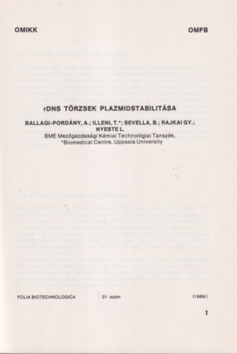 rDNS t�rzsek plazmidstabilit�sa - Folia biotechnologica 31. sz.