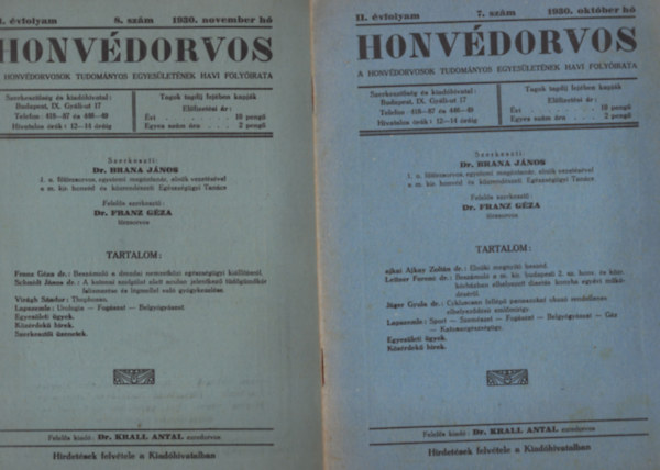 Honv�dorvos 1929. I. �vfolyam 1., 4., 9., 12. sz�mok (4 db)