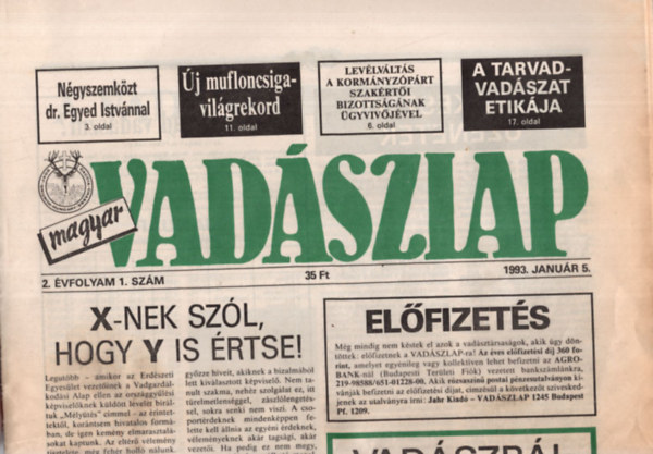 Magyar Vadszlap 1993. 2. vfolyam 1., 3., 4., 5., 6., 7., 9., 10., 11., 12. szmok ( 10 lapszm  egytt )