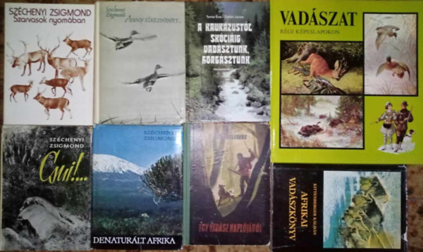 Vadszati knyvcsomag (8 ktet) Szarvasok nyomban  / Ahogy elkezddtt...  / Csui!... / Denaturlt Afrika / A kaukzustl skciig vadsztunk, horgsztunk / Egy vadsz napljbl / Afrikai vadszknyv / Vadszat rgi kpeslapok