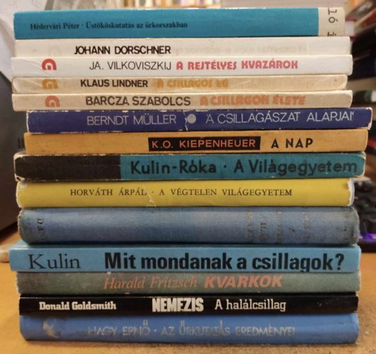 15 db Csillagszat s Vilgegyetem: A csillagos g; A csillagok lete; A rejtlyes kvazrok; A bolygk - a Fld testvrei?; A Vilgegyetem; Kvarkok; Mit mondanak a csillagok?; stkskutats az rkorszakban; A vgtelen Vilgegyetem