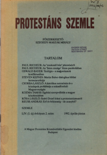 Protestns szemle   LIV.(I.j) vfolyam 2.szm 1992.prilis-jnius