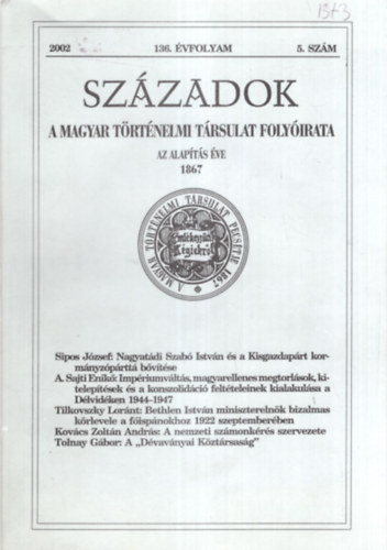 Szzadok - A Magyar Trtnelmi Trsulat Folyirata 2002. 136. vf. 5. szm