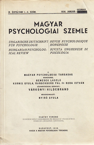 Magyar Psychologiai Szemle 1936/1-4. szm (IX., teljes vfolyam, janur-december)