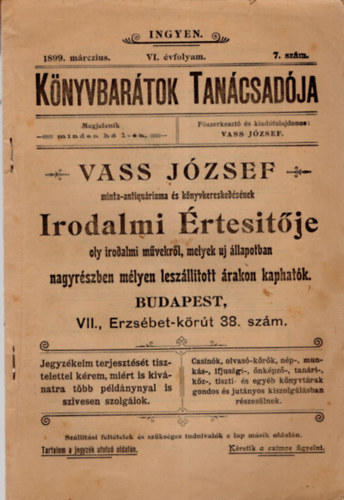Knyvbartok Tancsadja- Vass Jzsef minta-antiquriuma s knvykereskedsnek  Irodalmi rtesitje 1899. mrcius 7. szm