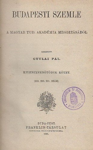 Budapesti Szemle 95. ktet (259-261. szmok) 1898/jlius-szeptember