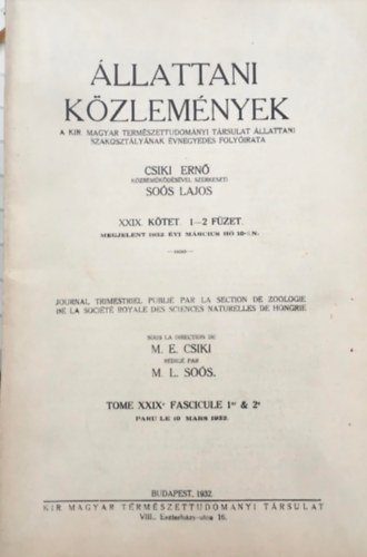 Dr. Sos Lajos  (szerk.) - llattani Kzlemnyek XXIX. ktet 1-2 fzet (1932)