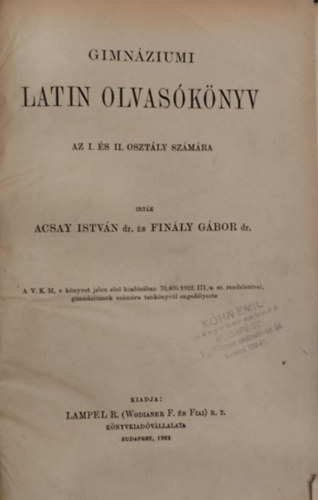 Gimn�ziumi latin olvas�k�nyv az I. �s II. oszt�ly sz�m�ra