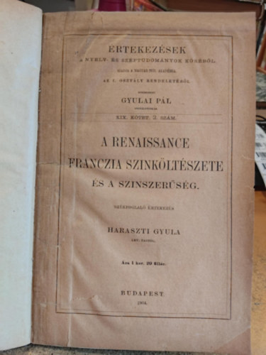 rtekezsek XIX. ktet 2. szm: A renaissance franczia szinkltszete s a szinszersg