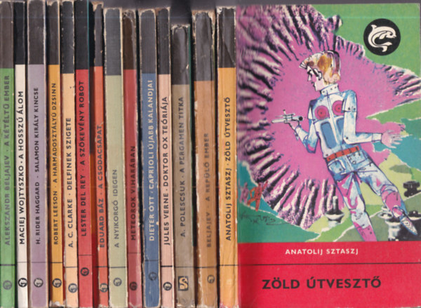 14 db. sci-fi t�m�j� Delfin k�nyvek (Z�ld �tveszt� + A rep�l� ember + A pergamen titka + Doktor Ox te�ri�ja + Caprioli �jabb kalandjai + Meteorok vihar�ban + A nyikorg� idegen + A csodacsapat + A sz�kev�ny robot + Delfinek szigete + A