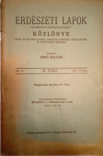 Erd�szeti Lapok K�zl�nye 1931. �v III. F�zet