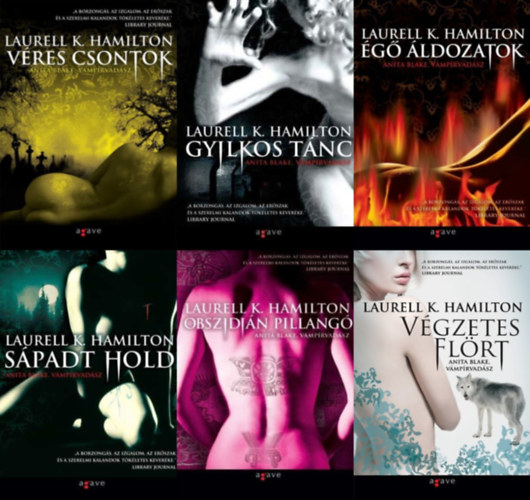 6 db v�mp�rreg�ny az Anita Blake, v�mp�rvad�sz sorozatb�l: 5. V�res csontok + 6. Gyilkos t�nc + 7. �g� �ldozatok + 8. S�padt Hold + 9. Obszidi�n Pillang� + 18. V�gzetes fl�rt (az Anita Blake, v�mp�rvad�sz sorozat 5., 6