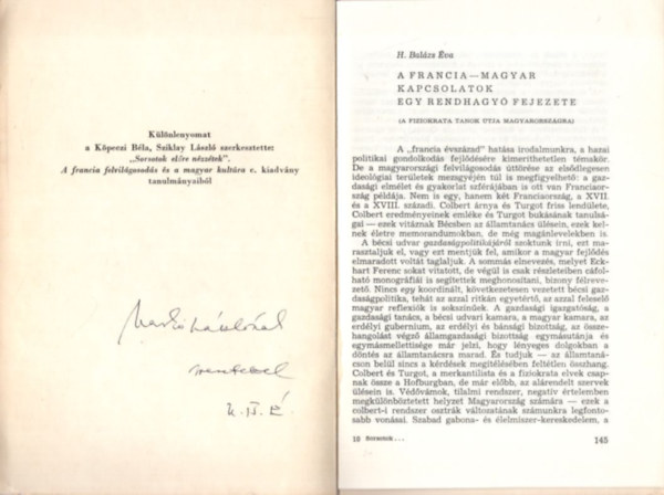 A francia-magyar kapcsolatok egy rendhagy fejezete ( a fiziokrata tanok tja Magyarorszgon ) Klnlenyomat -  dediklt