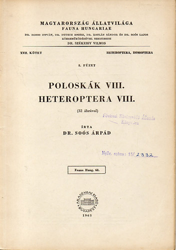Dr. Sos rpd - Poloskk VIII. - Heteroptera VIII. (32 brval) - Magyaorszg llatvilga (Fauna Hungariae) XVII. ktet 8. fzet. - Heteroptera, Homoptera