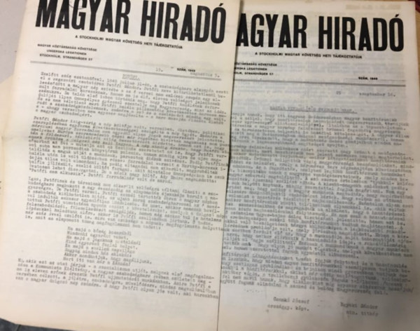 2 db.: Magyar Hrad - A stockholmi Magyar kvetsg heti tjkoztatja - 1949. (augusztus 5., szeptember 16.)