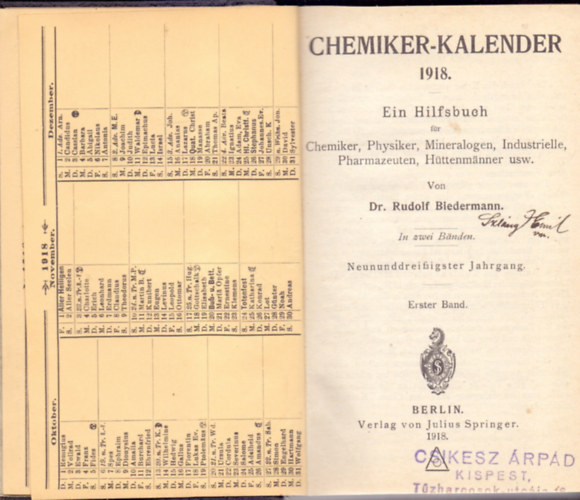 Chemiker-Kalender 1918. - Ein Hilfsbuch (I-II.)