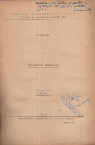 Vzhztartsi vizsglatok - Mrnki Tovbbkpz Intzet 1953/54. vi eladssoroztatbl - Dediklt