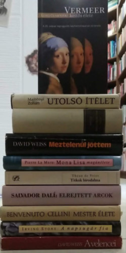 10 db-os K�NYVMENT� AJ�MLAT, fest�i �letrajz: Vermeer kett�s �lete+ Utols� �t�let+ Goya+ Meztelen�l j�ttem+ Mona Lisa mag�n�lete+ Titkok birodalma+ Elrejtett arcok+ Cellini mester �lete+ A napsug�r fia+ A velencei