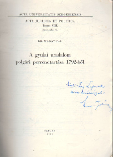 A gyulai uradalom polg�ri perrendtart�sa 1792-b�l.