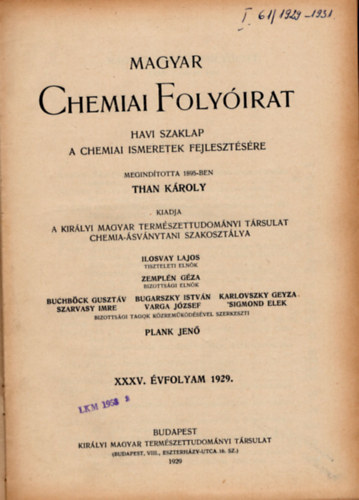Magyar chemiai folyirat 1929-1931. 1-12. (teljes vfolyam, egybektve)
