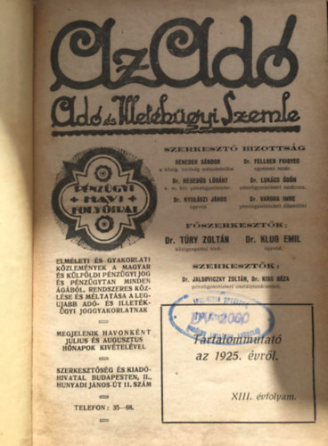 Dr. Dr. Klug Emil Try Zoltn - Az ad - Ad s Illetkgyi Szemle - 1925 (XIII. vf.)