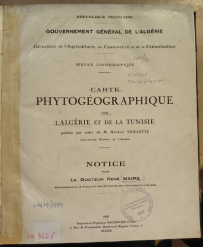 Carte phytogéographique de l'Algérie et de la Tunisie ("Algéria és Tunézia növényföldrajzi térképe" francia nyelven) (1926)