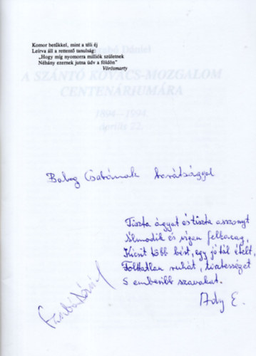 A Sz�nt� Kov�cs-mozgalom centen�rium�ra 1894-1994. �prilis 22.- dedik�lt