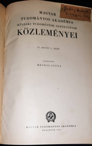 Magyar Tudományos Akadémia Műszaki Tudományok Osztályának Közleményei II.kötet I. szám