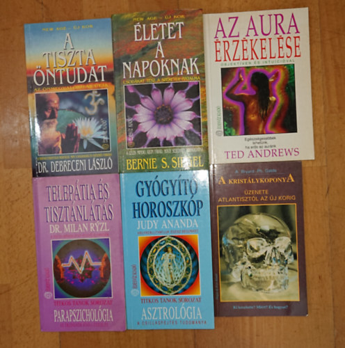 6 ezoterikus k�nyv az �desv�z kiad� gondoz�s�ban: �letet a napoknak, Az aura �rz�kel�se, A tiszta �ntudat, Gy�gy�t� horoszk�p, A krist�lykopony �zenete Atlantiszt�l az �j korig, Telep�tia �s tiszt�nl�t�s