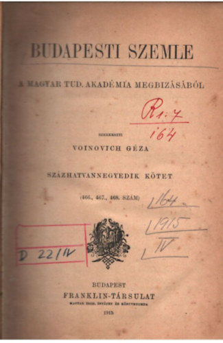 Budapesti szemle 164. ktet ( 466., 467., 468., szm )
