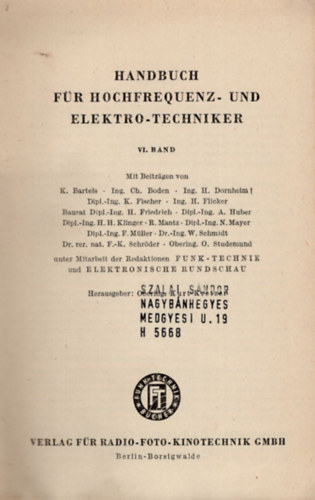 Handbuch f�r hochfrequenz-und elektro-techniker VI. band