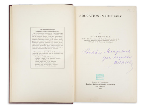 Kornis [Gyula] Julius - Education in Hungary