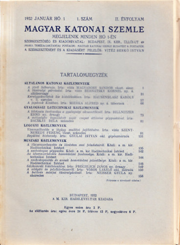 Magyar Katonai Szemle 1932 janur h, 1. szm, II. vfolyam