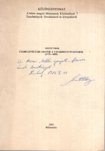 jabb levltri adatok a vsrhelyi Pusztrl ( 1775-1859 ) Klnlenyomat - Dediklt + dediklt levl