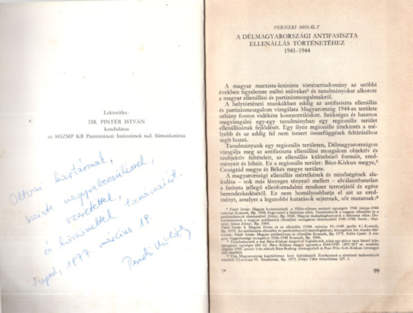 A dlmagyarorszgi antifasiszta ellenlls trtnethez 1941-1944 - Klnlenyomat - Dediklt