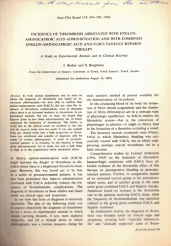S. Borgstr�m J. Becker - Incidence of thrombosis associated with epsilon-aminocaproic acid administration and with combined epsilon-aminocaproic acid and subcutaneous heparin therapy (dedik�lt)