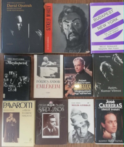 11 kötet híres zenészek és Karmesterek életrajzi könyveiből(David Ojsztrah, Székely Mihály, Belle Schulzhof, Muzsikusportrék, Földes Sándor, Karajan, Komor Vilmos, Pavarotti, Sárdy János, Melis György, José Carreras)
