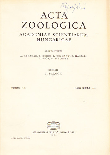Acta Zoologica (A Magyar Tudomnyos Akadmia zoolgiai kzlemnyei)- Tomus XX., Fasciculi 3-4.