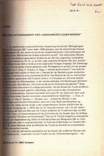 ber den Datierungswert der Landnahmezeitlichen Mnzen - A honfoglalskori rmk keletkezsrl (dediklt)