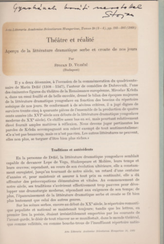 Vujicsics D. Sztojn - Thatre et ralit. Apercu de la littrature dramatique serbe et croate de nos jours. (Separatum Acta Litteraria Academiae Scientiarum Hungaricae, Tomus 10/3-4.)